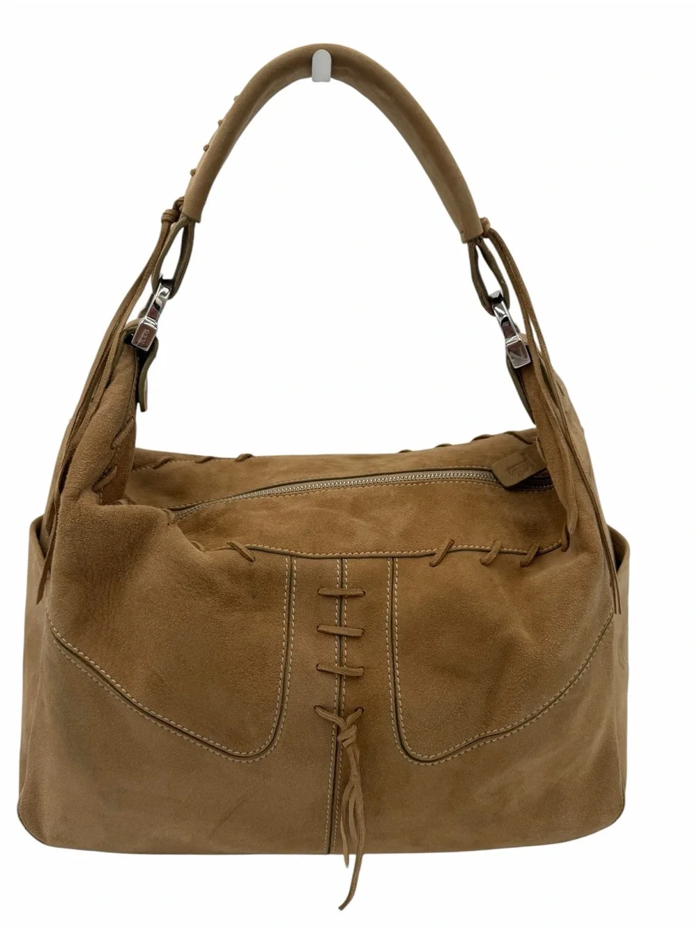 Tod’s Vintage Suede Lace-Up Hobo Shoulder Bag Tan Brown Y2K Italy